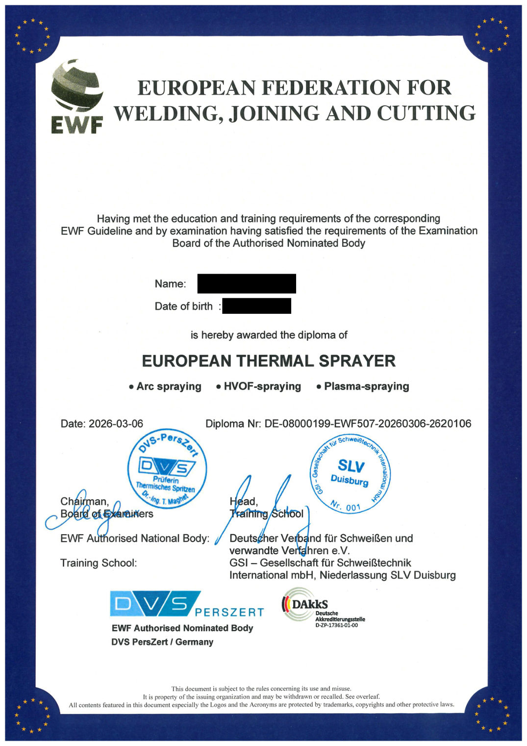 Zertifikat European Thermal Sprayer (ETS) der EWF – OM Stuhr, Cloppenburg
